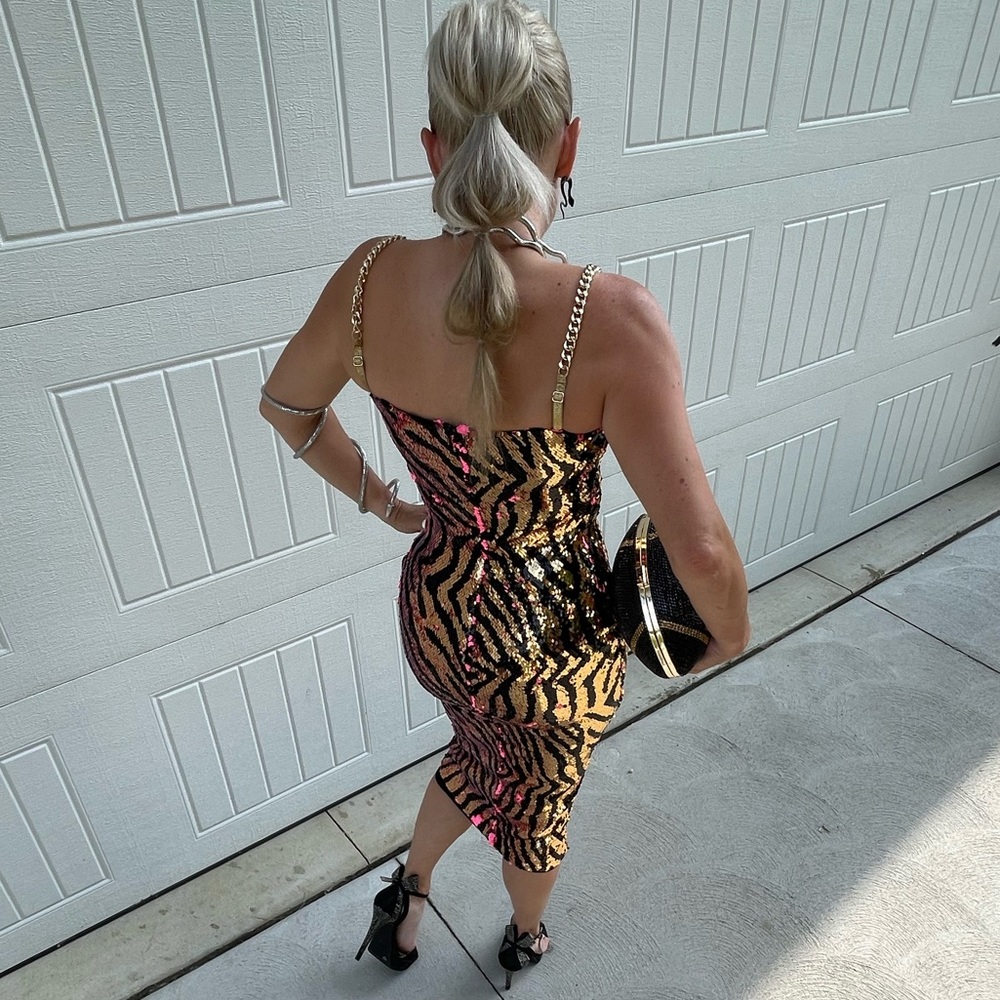 NADINE MERABI Gold and Black Sequin Zebra Midi Dress - Picture 4 of 7